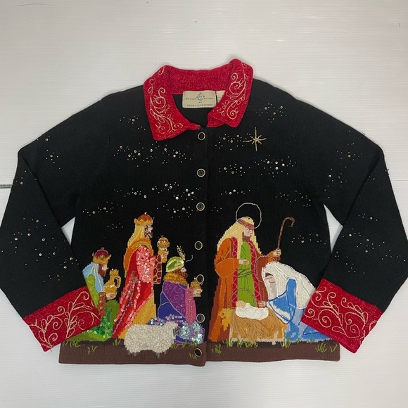Design Options Philip & Jane Gordon Bead Christmas Cardigan Sweater Nativity SM - Picture 1 of 12